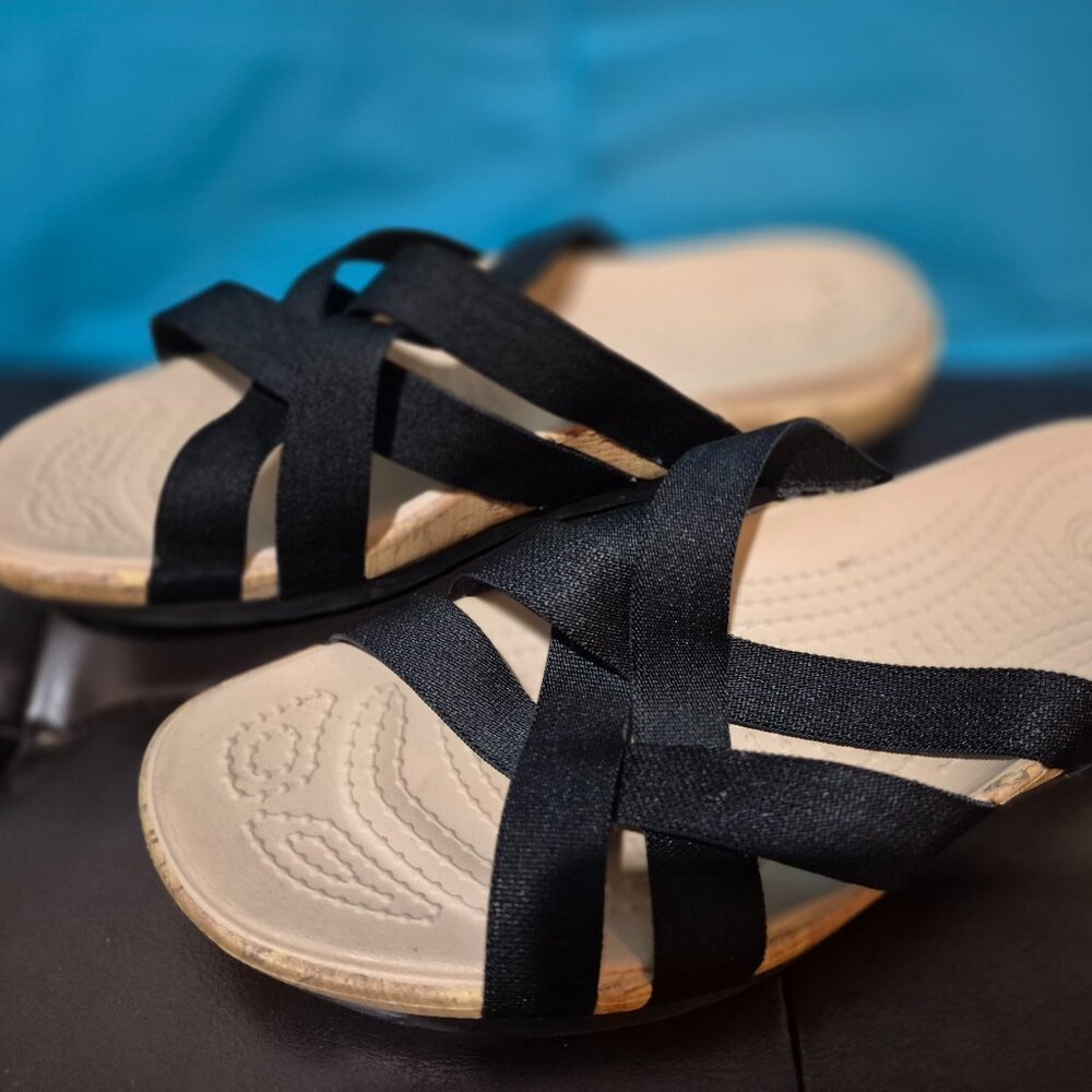 Crocs Women's Black Fabric Straps with Tan Sole - Size W9 - EUC